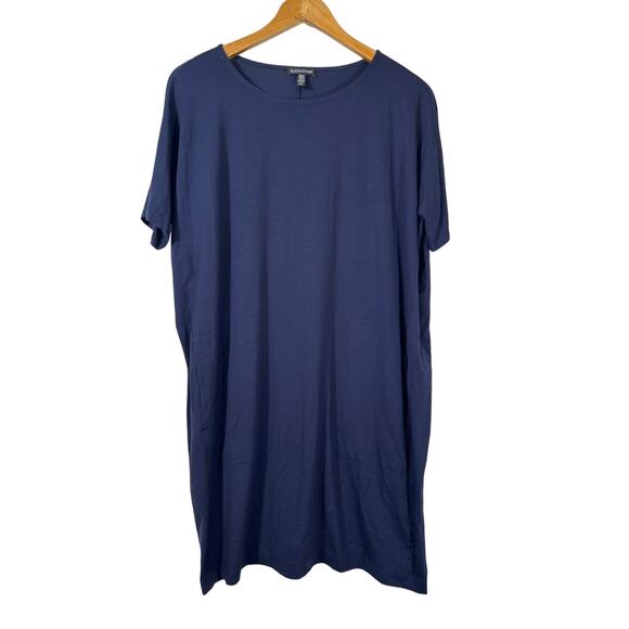 Eileen Fisher T Shirt Dress Small Navy Short Sleeve Casual Viscose Stretch Boxy - Picture 1 of 9